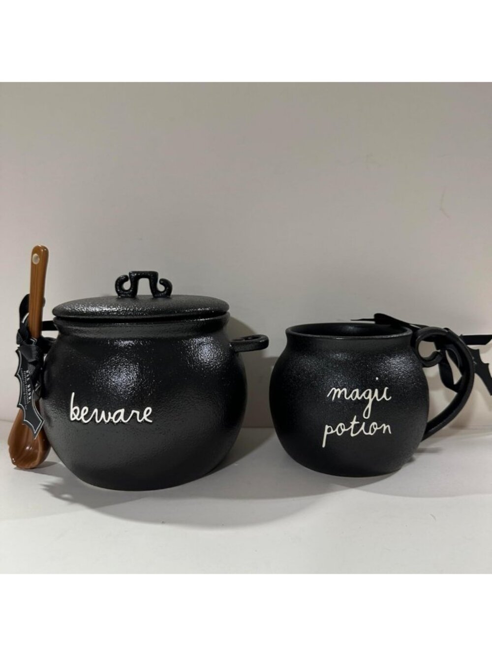 Beware Cauldron Canister & Magic Potion Mug Set | Black Ceramic Halloween Decor